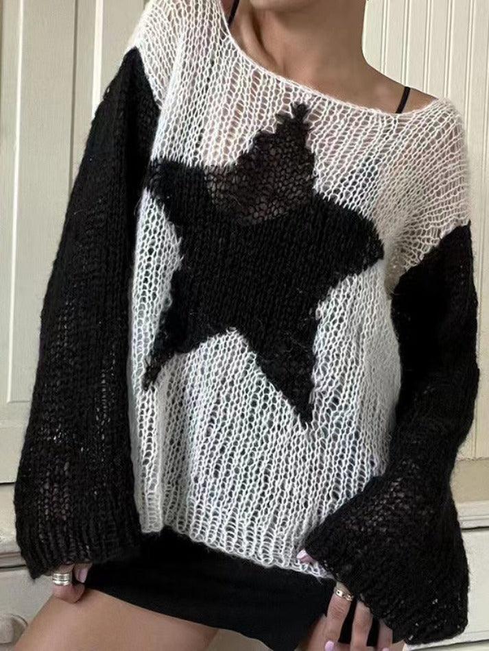 Contrast Color Star Baggy Smock Sweater - AnotherChill