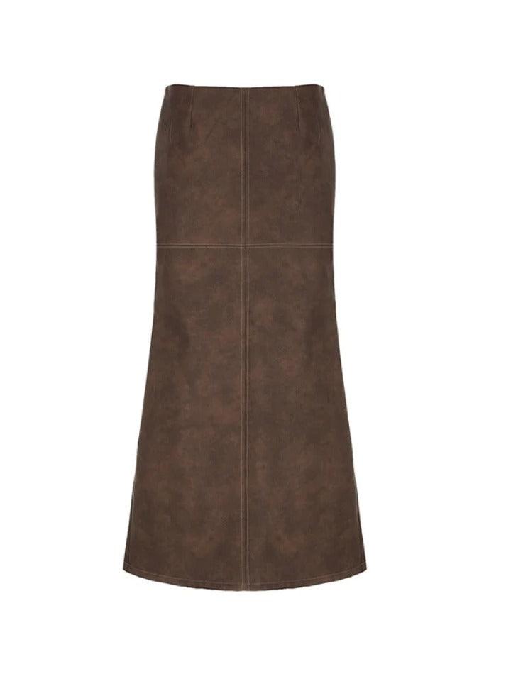 Vintage Brown Back Slit Low Waist Leather Maxi Skirt - AnotherChill