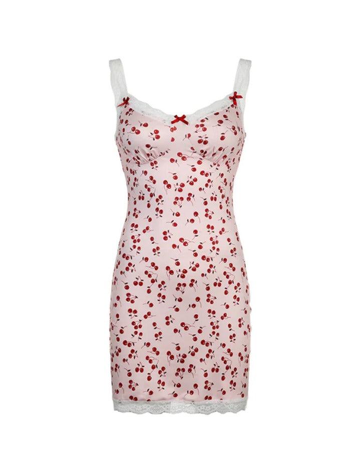 Cherry Print Lace Splice V Neck Mini Dress - AnotherChill