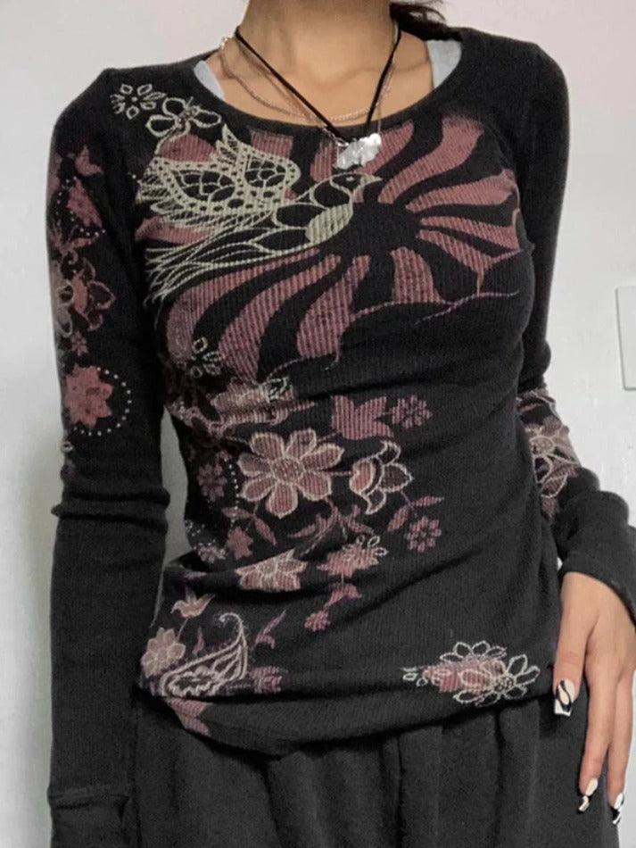 Floral Print Ribbed Slim Long Sleeve Knit - AnotherChill