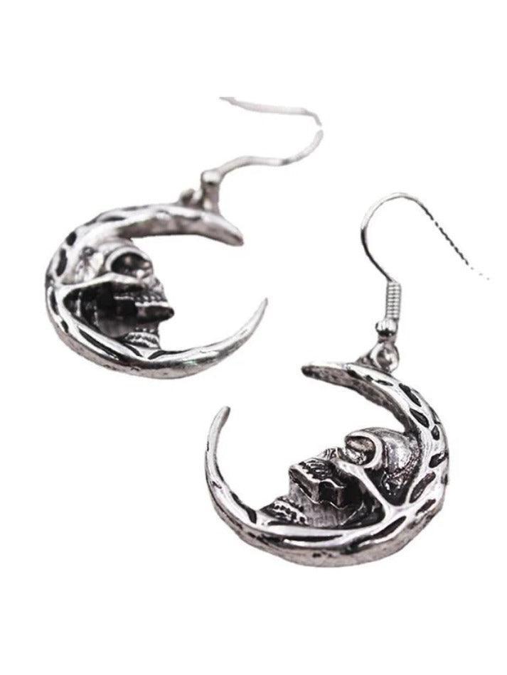 Gothic Punk Skull Crescent Moon Drop Earrings - AnotherChill