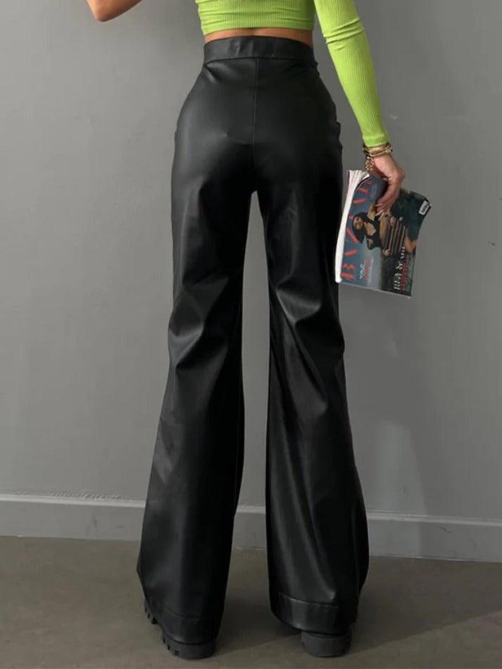 High Rise Tie Front Flared Leather Pants - AnotherChill