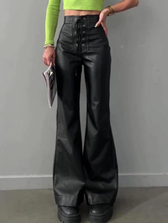 High Rise Tie Front Flared Leather Pants - AnotherChill