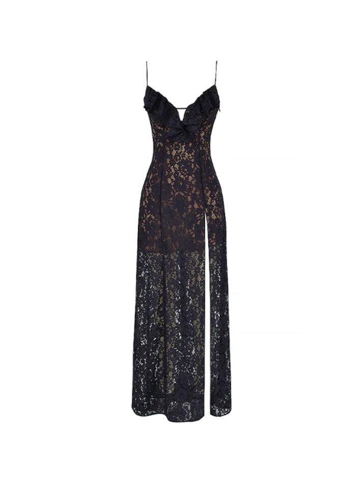 Lace V Neck High Split Maxi Dress - AnotherChill