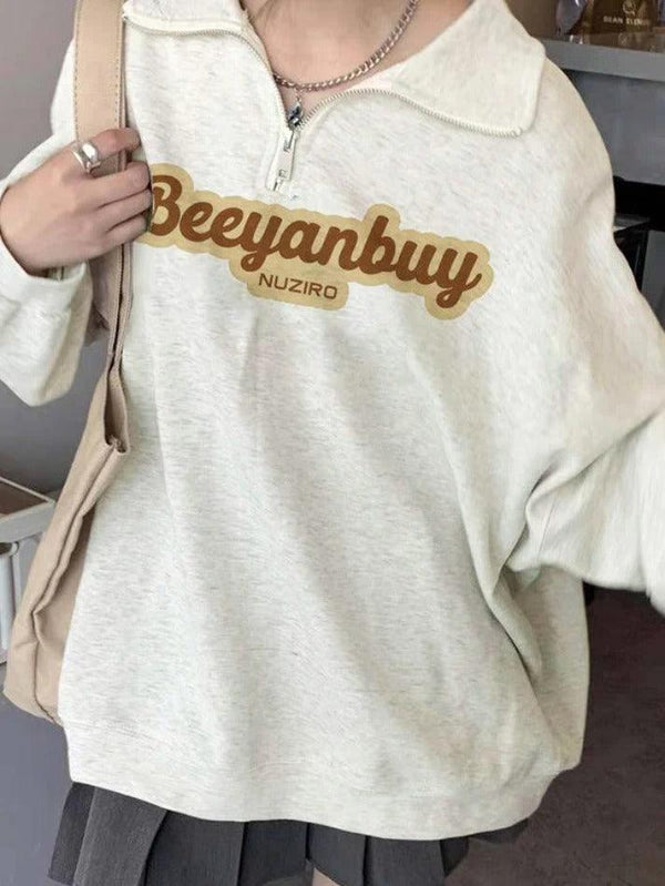 Letter Print Quarter Zip Baggy Sweatshirt - AnotherChill