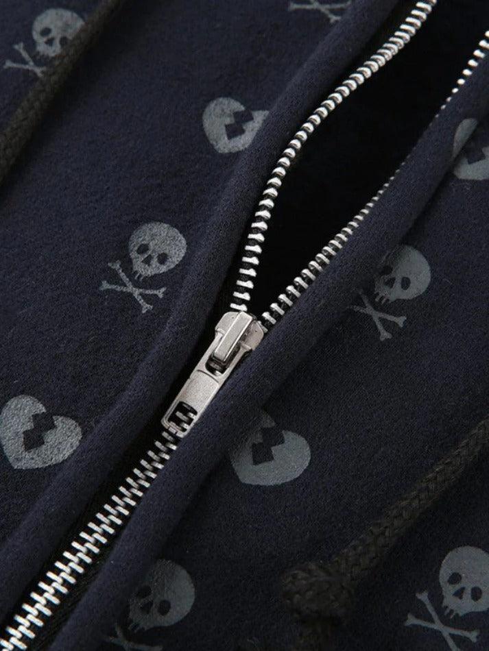 Lined Detail Skull Heart Zip Up Hoodie - AnotherChill