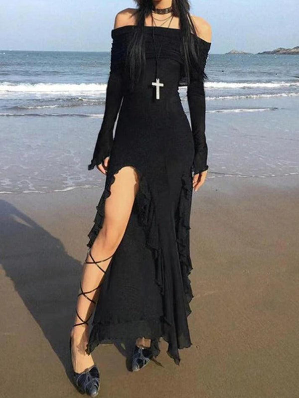 Off Shoulder Ruffle High Slit Maxi Dress - AnotherChill