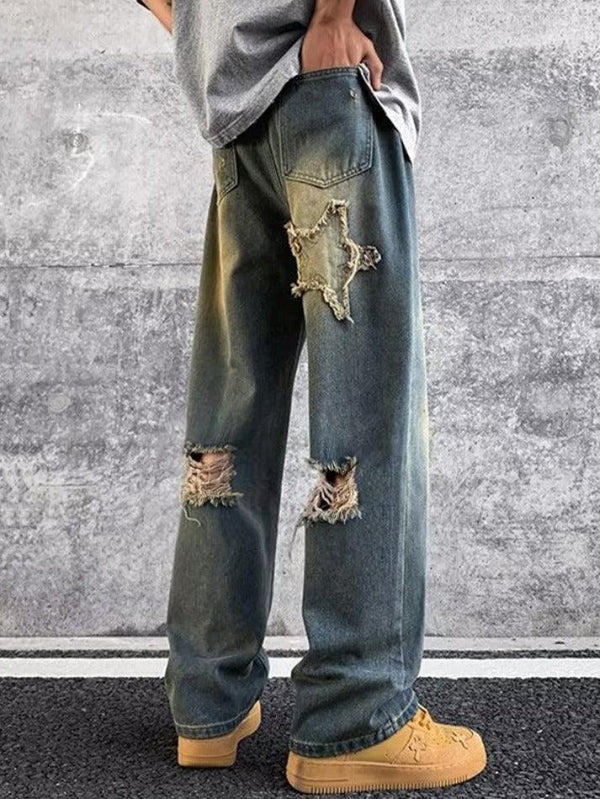 Patchwork Star Embroidered Straight Leg Loose Jeans - AnotherChill