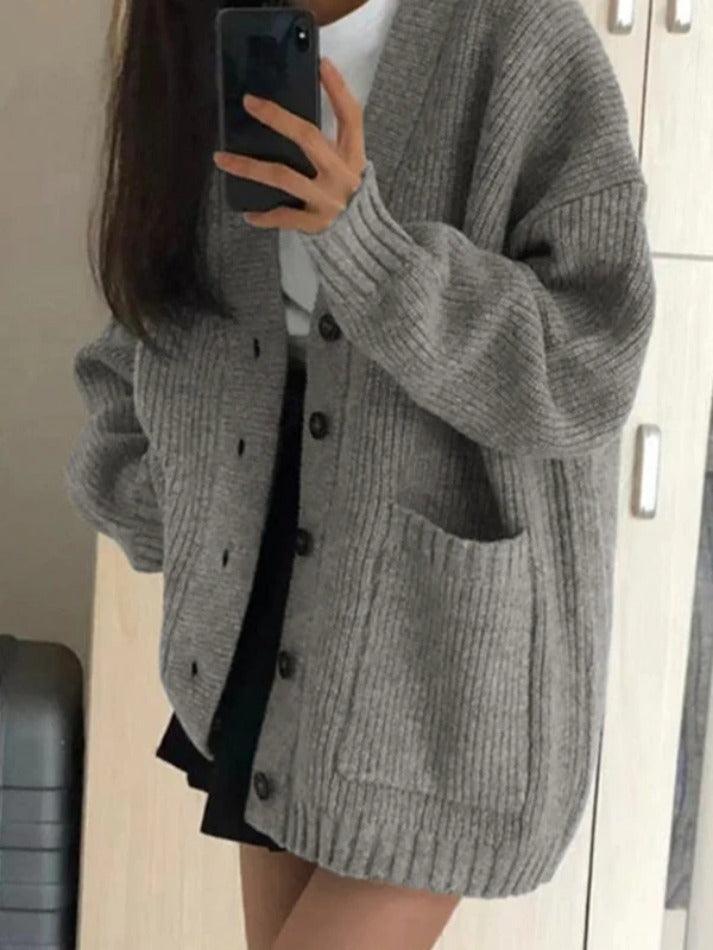 Preppy Solid Color V Neck Baggy Cardigan - AnotherChill