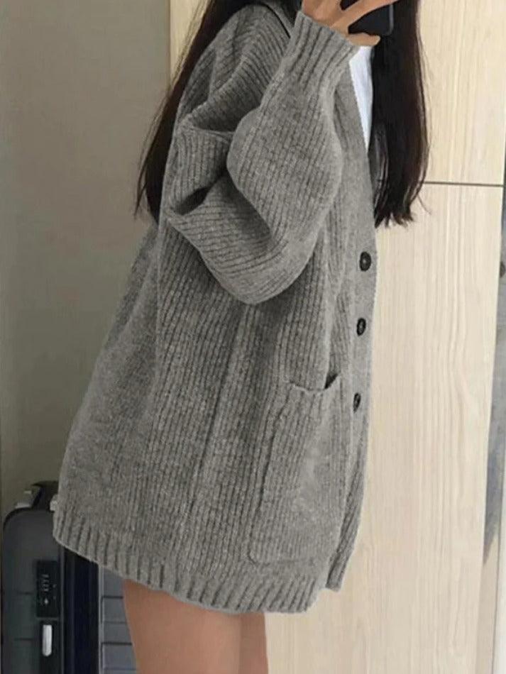 Preppy Solid Color V Neck Baggy Cardigan - AnotherChill