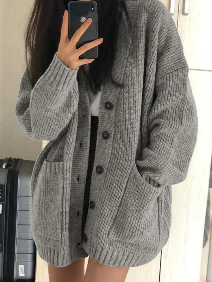 Preppy Solid Color V Neck Baggy Cardigan - AnotherChill