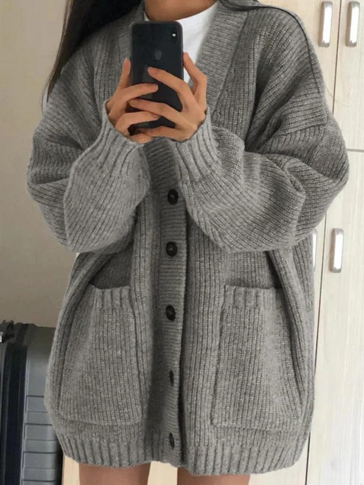 Preppy Solid Color V Neck Baggy Cardigan - AnotherChill