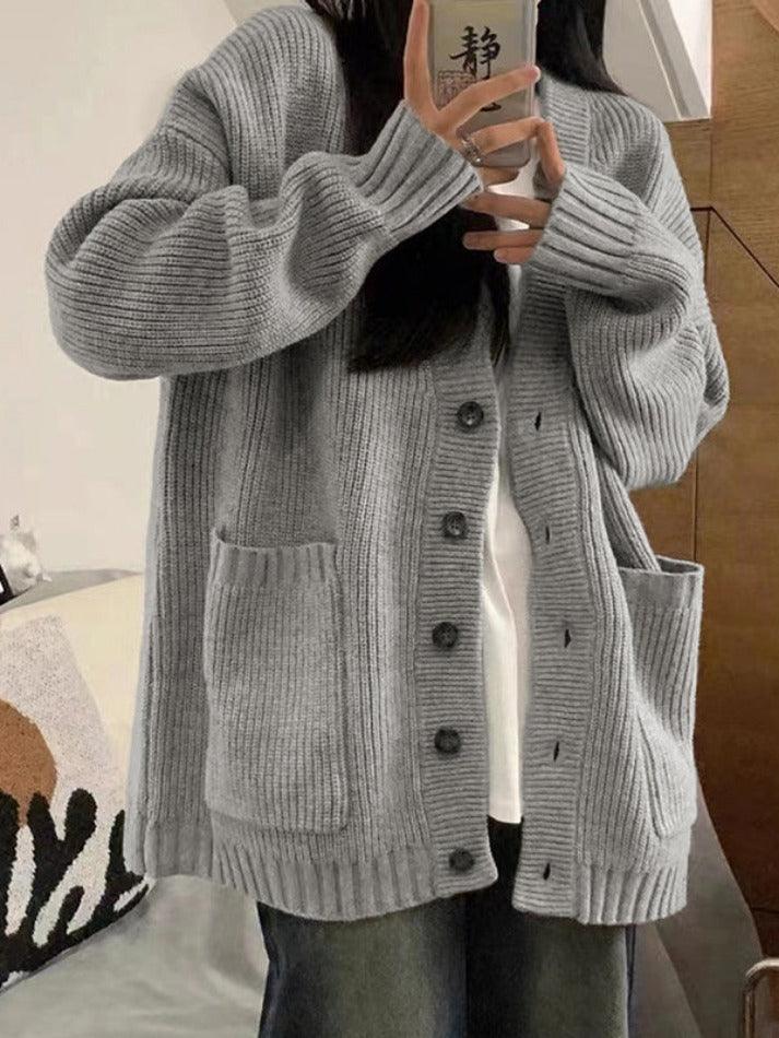 Preppy Solid Color V Neck Baggy Cardigan - AnotherChill