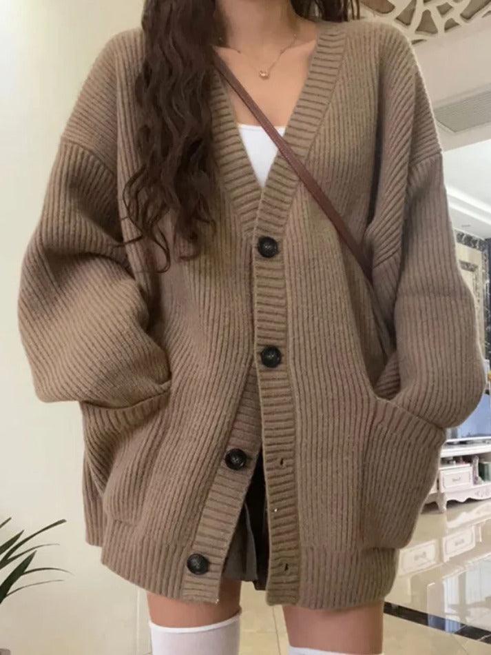Preppy Solid Color V Neck Baggy Cardigan - AnotherChill