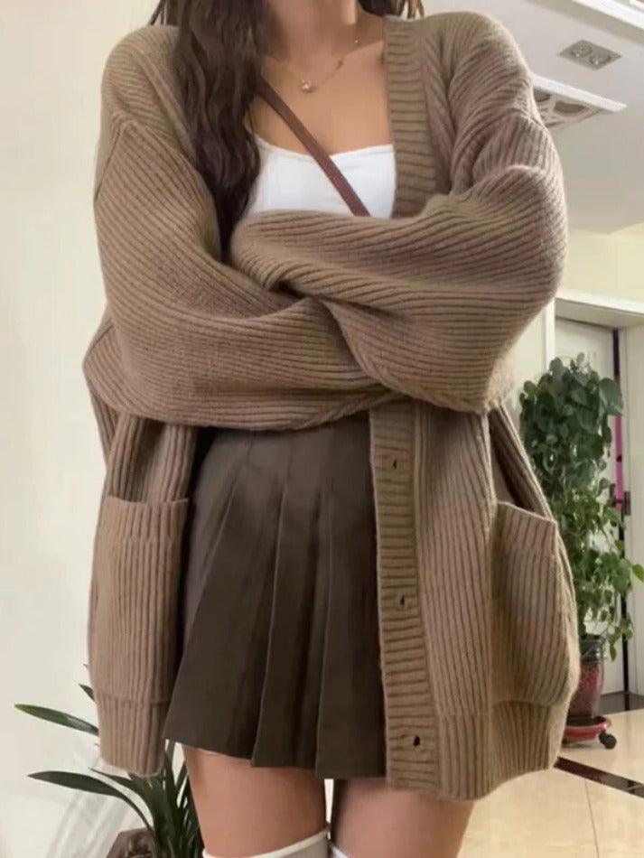 Preppy Solid Color V Neck Baggy Cardigan - AnotherChill