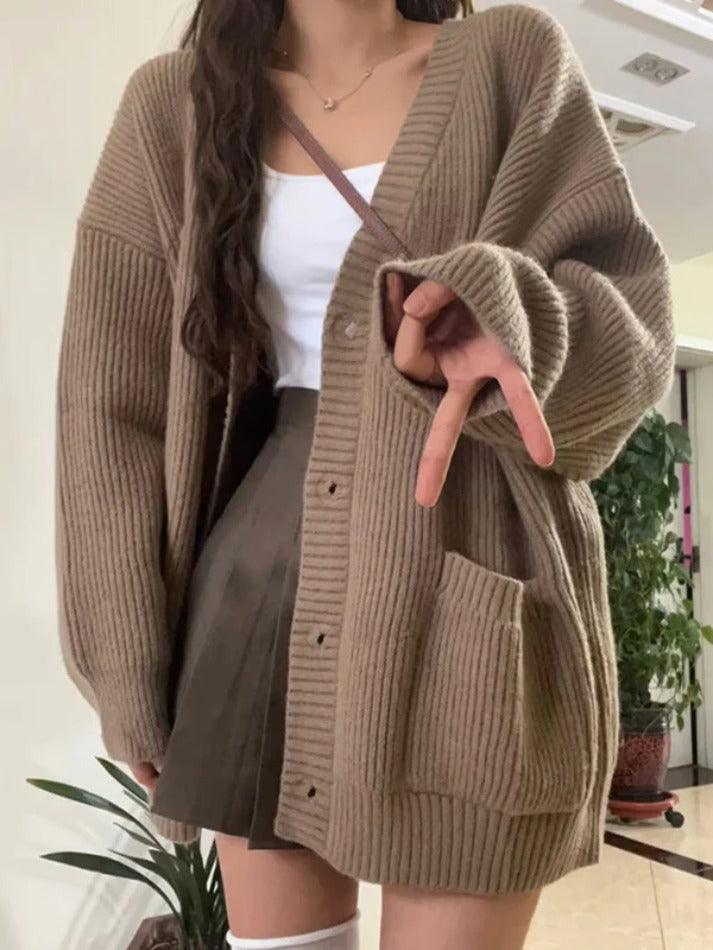 Preppy Solid Color V Neck Baggy Cardigan - AnotherChill