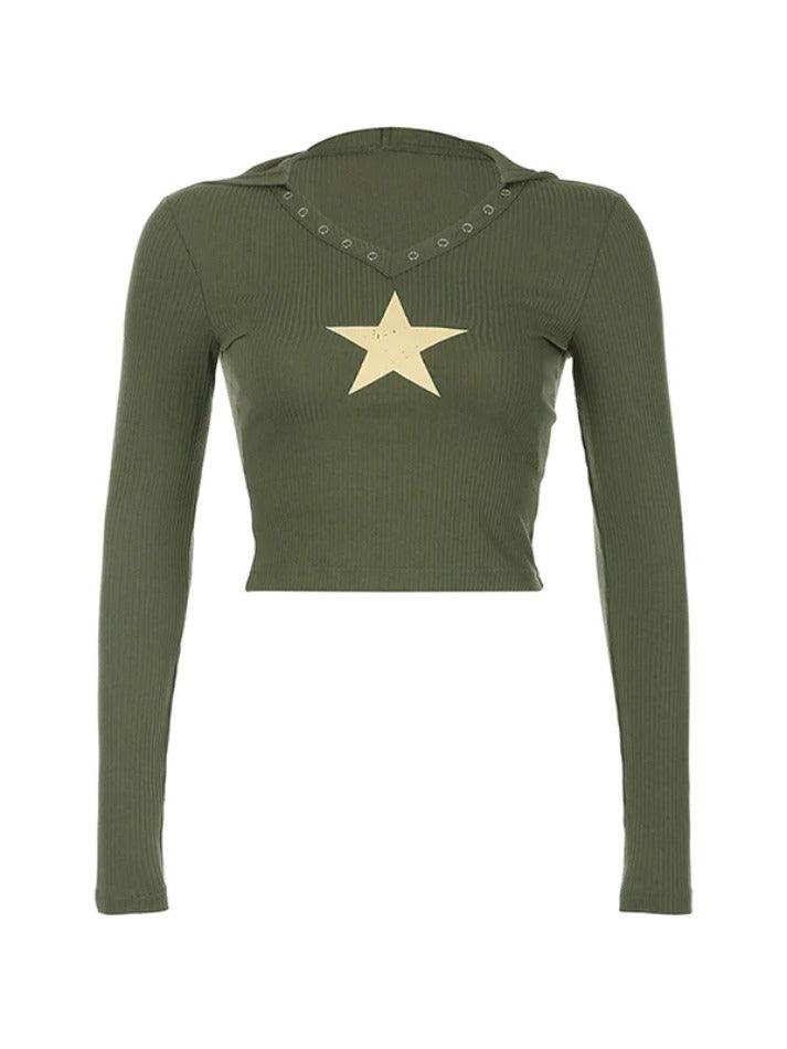 Punk Star Print Hooded Crop Long Sleeve Knit - AnotherChill