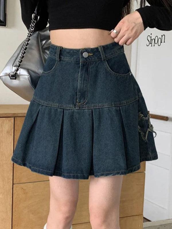 Retro Pleated High Waist A Line Denim Mini Skirt - AnotherChill