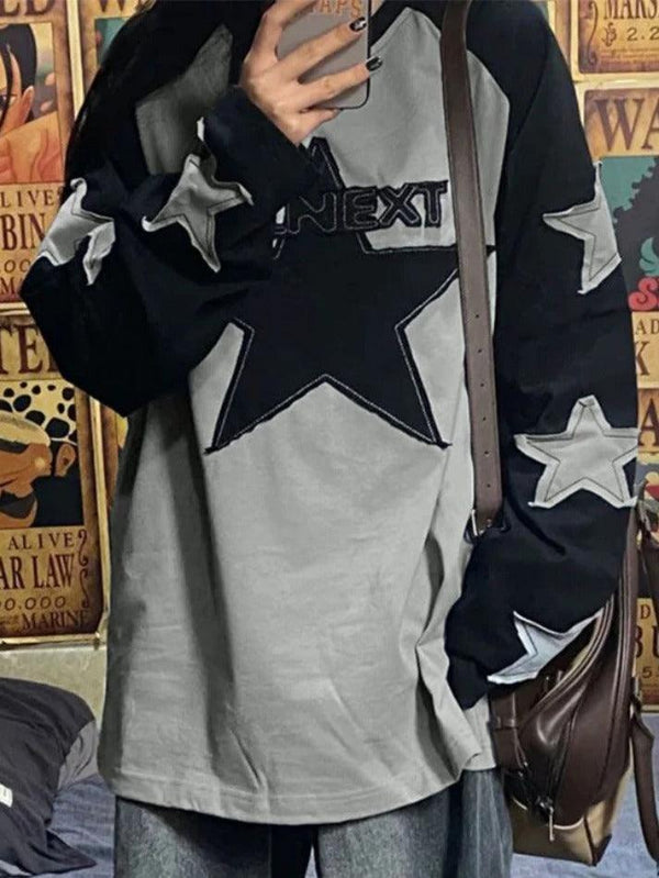 Retro Star Print Contrast Oversized Sweatshirts - AnotherChill