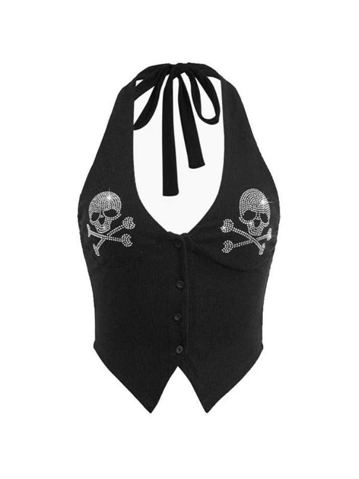 Rhinestone Skull Halter Ribbed Tank Top - AnotherChill