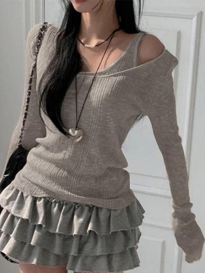 Rib Cold Shoulder Two Piece Long Sleeve Knit - AnotherChill