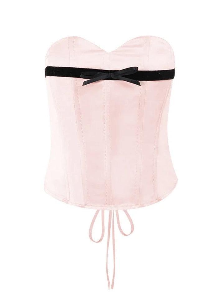 Satin Contrast Bow Corset Tie Back Bandeau Top - AnotherChill