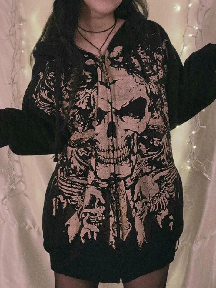 Skull Print Zip Up Oversized Hoodie - AnotherChill