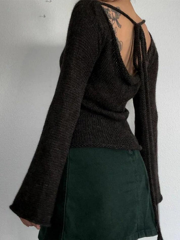 Solid Color Backless Lace Up Long Sleeve Knit - AnotherChill