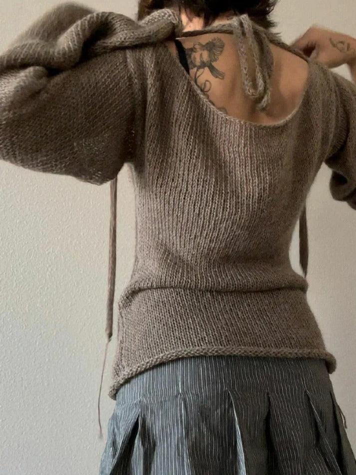 Solid Color Backless Lace Up Long Sleeve Knit - AnotherChill