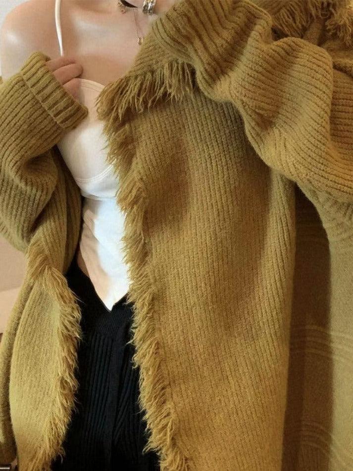 Solid Color Big Lapel Neck Tassel Trim Cardigan - AnotherChill