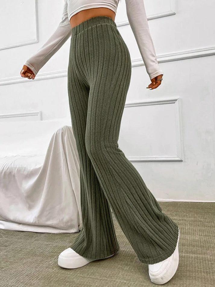 Solid Color Ribbed High Waist Flare Leg Pants - AnotherChill