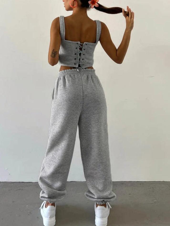 Solid Corset Tank Top Short Hoodie & Drawstring Sweatpants Set - AnotherChill
