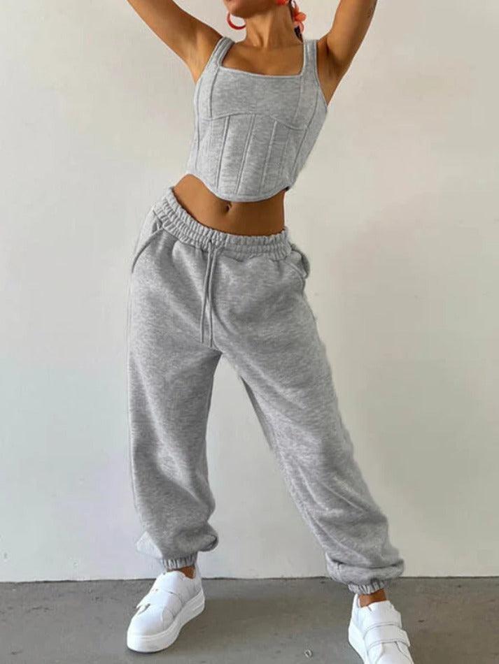 Solid Corset Tank Top Short Hoodie & Drawstring Sweatpants Set - AnotherChill