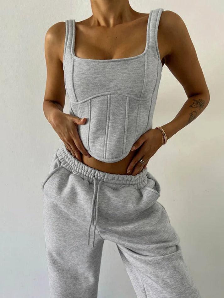 Solid Corset Tank Top Short Hoodie & Drawstring Sweatpants Set - AnotherChill