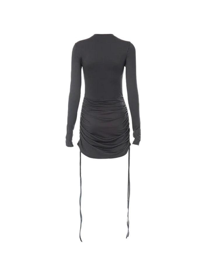 Solid Crew Neck Drawstring Shirred Mini Dress - AnotherChill