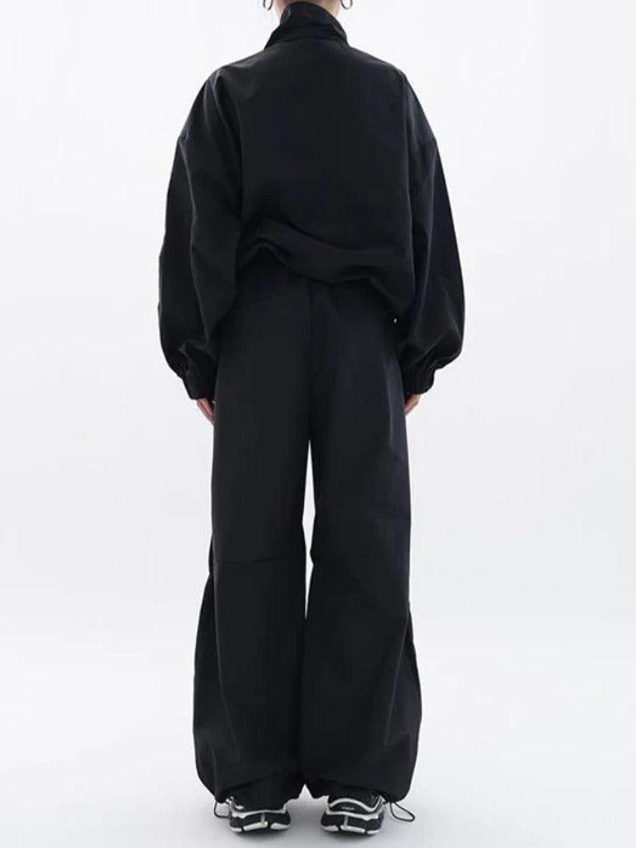 Solid Drawstring Jacket & Bound Feet Wide Leg Pants Set - AnotherChill