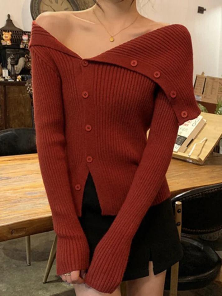 Solid Irregular Lapel Neck Off Shoulder Long Sleeve Knit - AnotherChill