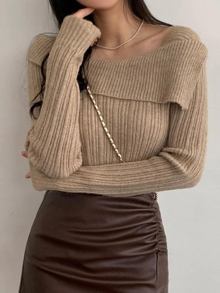 Solid Lapel Neck Slim Knit Sweater - AnotherChill