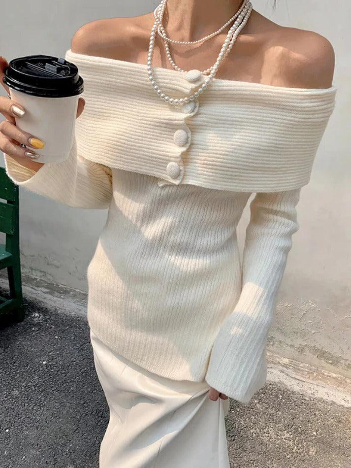 Solid Off Shoulder Slit Knit Sweater - AnotherChill