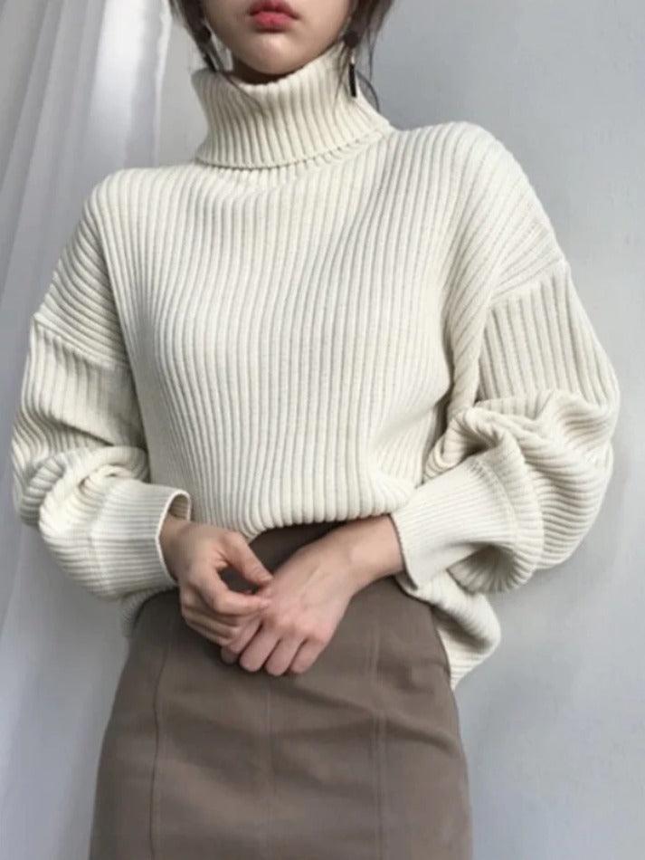 Solid Turtleneck Ribbed Knit Sweater - AnotherChill