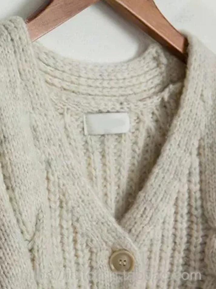 Solid V Neck Cable Knit Cardigan - AnotherChill