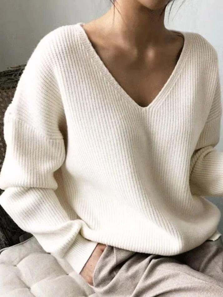 Solid V Neck Irregular Hem Baggy Knit Sweater - AnotherChill