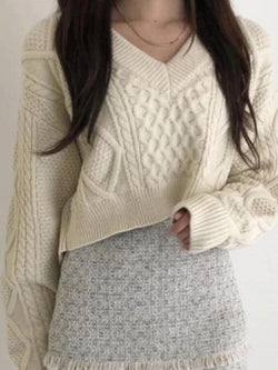 Solid V Neck Tie Back Loose Sweater - AnotherChill