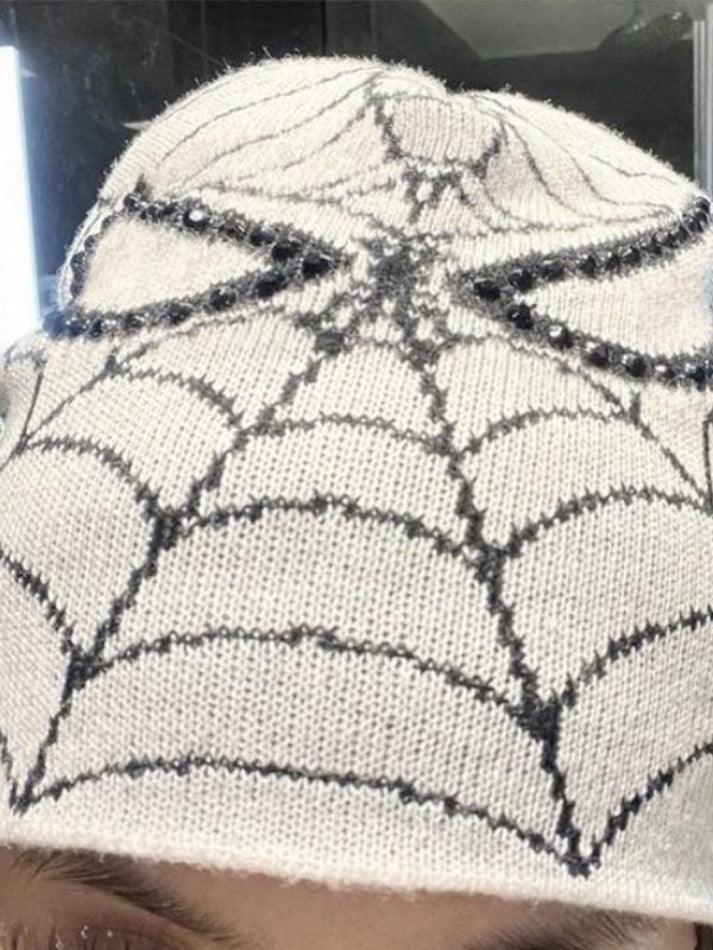 Spider Web Print Rhinestone Embellished Beanie Hat - AnotherChill
