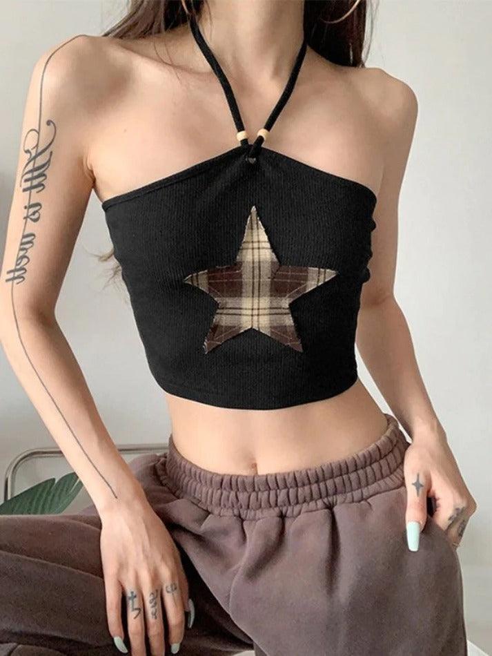 Star Patch Black Halter Crop Cami Top - AnotherChill