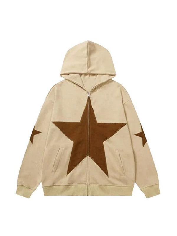 Star Patchwork Zip Up Oversized Hoodie - AnotherChill