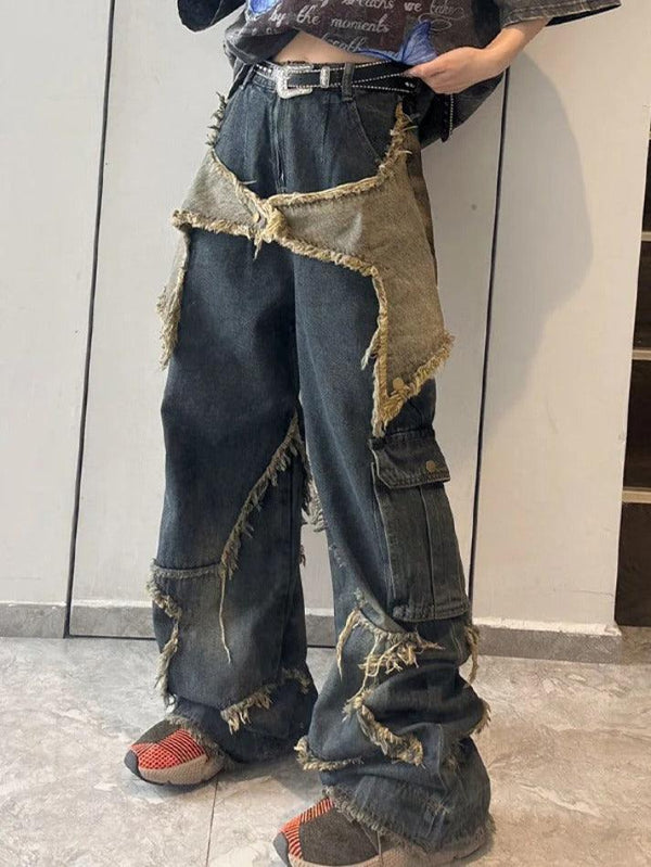 Street Frayed Patch Splice Mopping Boyfriend Jeans - AnotherChill