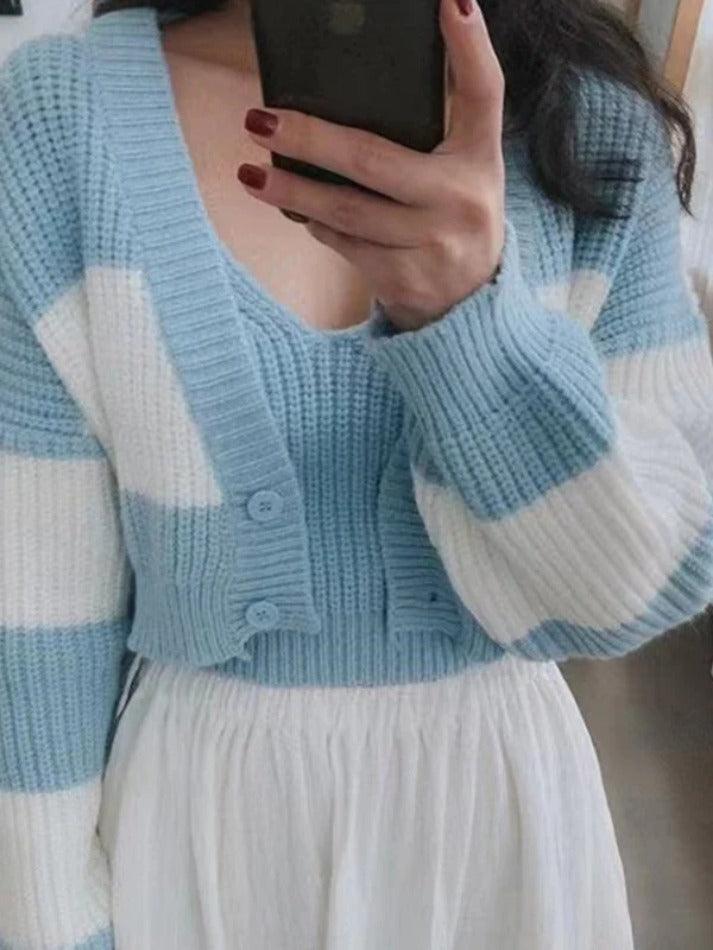 Stripe Splice Short Knit Cardigan - AnotherChill