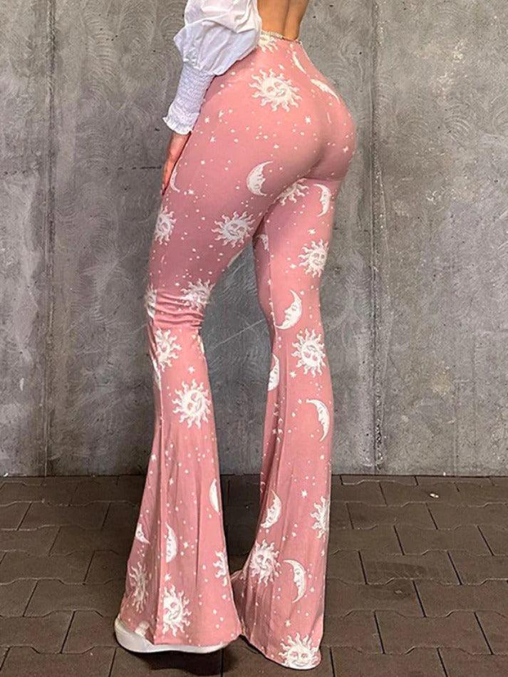 Sun Moon Print High Waist Flare Leg Pants - AnotherChill