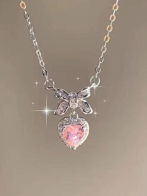 Sweet Glittering Bow Pink Heart Pendant Necklace - AnotherChill